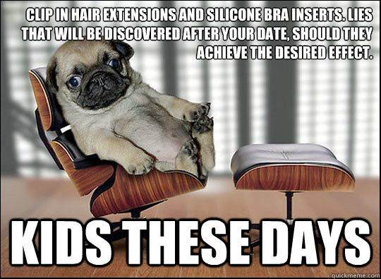 clip in hair extensions and silicone bra inserts. Lies that will be discovered after your date, should they achieve the desired effect.  kids these days - clip in hair extensions and silicone bra inserts. Lies that will be discovered after your date, should they achieve the desired effect.  kids these days  ageing opinionated pug
