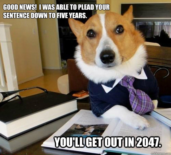 Good news!  I was able to plead your sentence down to five years. You'll get out in 2047.  Lawyer Dog