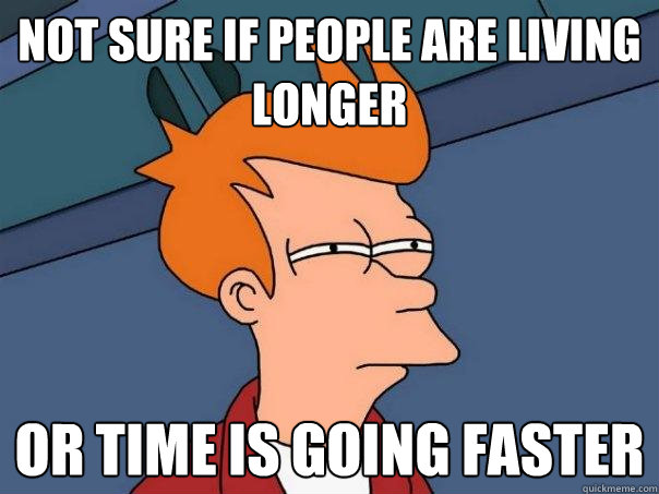 Not sure if people are living longer Or time is going faster  Futurama Fry