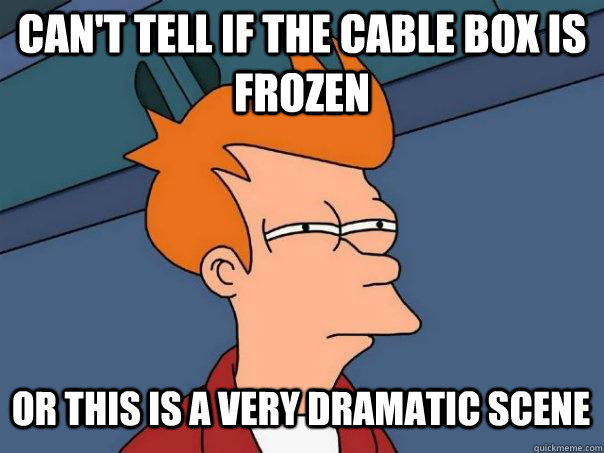 Can't tell if the cable box is frozen or this is a very dramatic scene  Futurama Fry