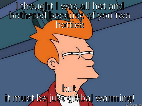 I THOUGHT I WAS ALL HOT AND BOTHERED BECAUSE OF YOU TWO HOTTIES BUT, IT MUST BE JUST GLOBAL WARMING! Futurama Fry