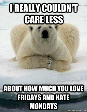 I REALLY COULDN'T CARE LESS ABOUT HOW MUCH YOU LOVE FRIDAYS AND HATE MONDAYS  Popular Opinion Polar Bear