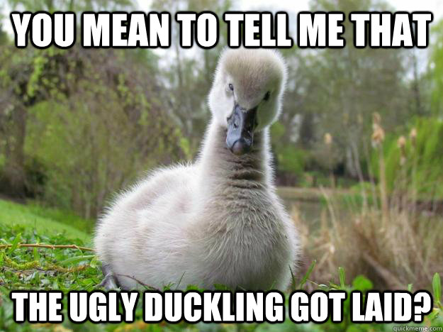 You mean to tell me that The ugly duckling got laid?  Sceptical duckling