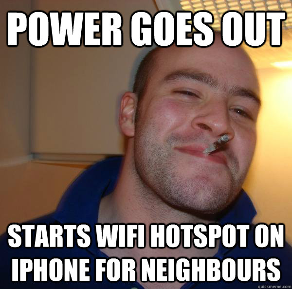 power goes out starts wifi hotspot on Iphone for neighbours - power goes out starts wifi hotspot on Iphone for neighbours  Misc