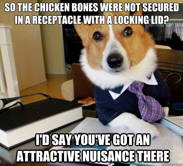 so the chicken bones were not secured in a receptacle with a locking lid? I'd say you've got an attractive nuisance there  Lawyer Dog