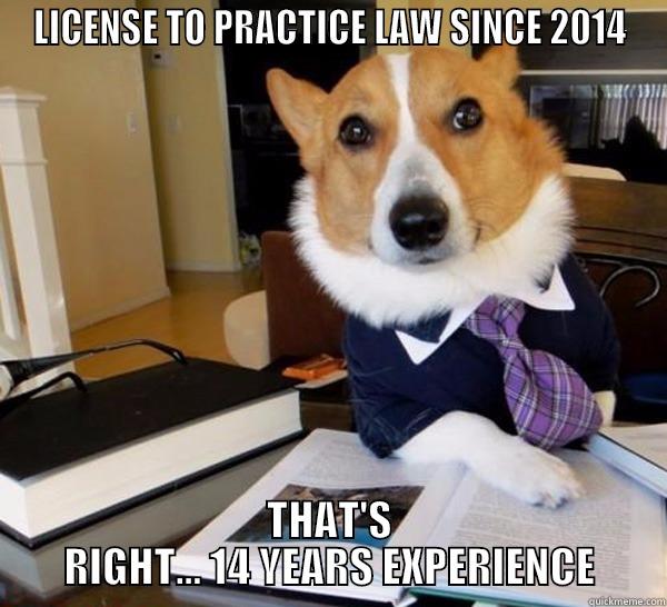 LICENSE TO PRACTICE LAW SINCE 2014 THAT'S RIGHT... 14 YEARS EXPERIENCE Lawyer Dog