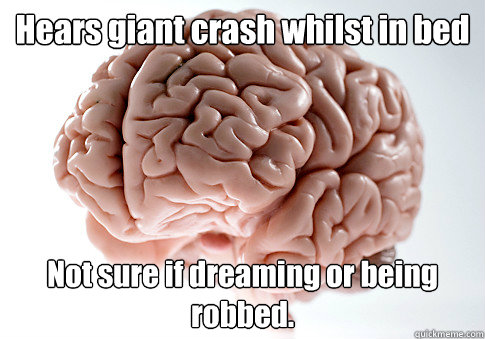 Hears giant crash whilst in bed Not sure if dreaming or being robbed.  - Hears giant crash whilst in bed Not sure if dreaming or being robbed.   Scumbag Brain