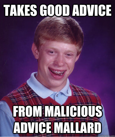 takes good advice from malicious advice mallard  Bad Luck Brian