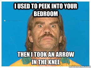 I used to peek into your bedroom Then I took an arrow
in the knee - I used to peek into your bedroom Then I took an arrow
in the knee  Meme