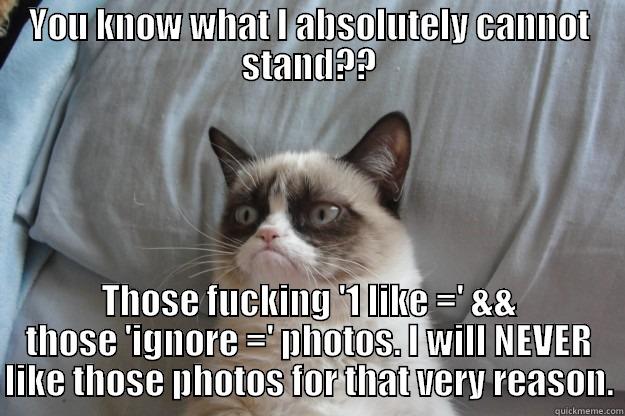 Fuck me right? - YOU KNOW WHAT I ABSOLUTELY CANNOT STAND?? THOSE FUCKING '1 LIKE =' && THOSE 'IGNORE =' PHOTOS. I WILL NEVER LIKE THOSE PHOTOS FOR THAT VERY REASON. Grumpy Cat