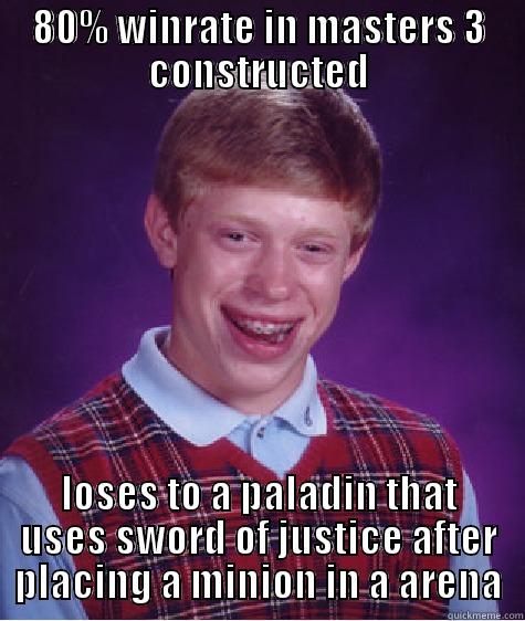 Hearthstone in a nutshell - 80% WINRATE IN MASTERS 3 CONSTRUCTED LOSES TO A PALADIN THAT USES SWORD OF JUSTICE AFTER PLACING A MINION IN A ARENA Bad Luck Brian