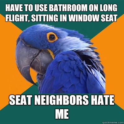 Have to use bathroom on long flight, sitting in window seat Seat neighbors hate me - Have to use bathroom on long flight, sitting in window seat Seat neighbors hate me  Paranoid Parrot