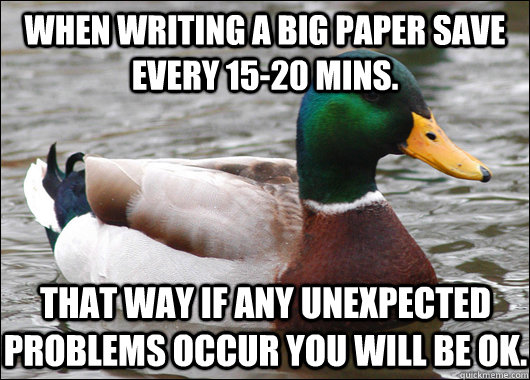 when writing a big paper save every 15-20 mins. That way if any unexpected problems occur you will be ok. - when writing a big paper save every 15-20 mins. That way if any unexpected problems occur you will be ok.  Actual Advice Mallard