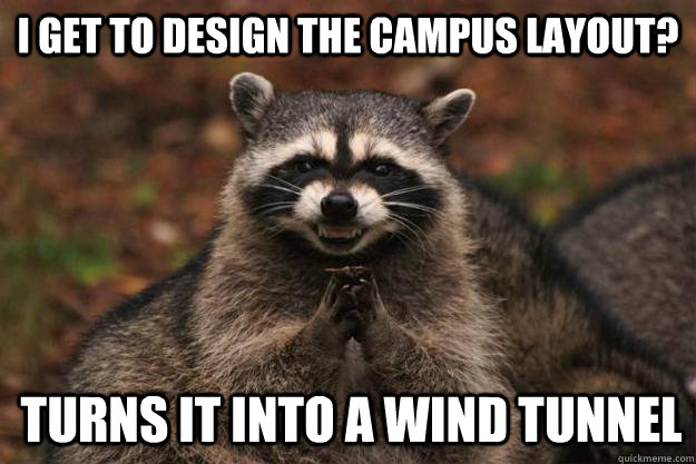 I get to design the campus layout? Turns it into a wind tunnel - I get to design the campus layout? Turns it into a wind tunnel  Evil Plotting Raccoon