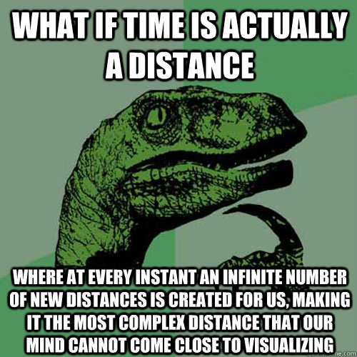 what if time is actually a distance where at every instant an infinite number of new distances is created for us, making it the most complex distance that our mind cannot come close to visualizing - what if time is actually a distance where at every instant an infinite number of new distances is created for us, making it the most complex distance that our mind cannot come close to visualizing  Philosoraptor