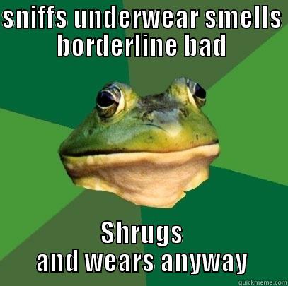 I hate mornings - SNIFFS UNDERWEAR SMELLS BORDERLINE BAD SHRUGS AND WEARS ANYWAY Foul Bachelor Frog