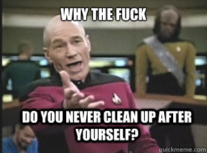 why the fuck do you never clean up after yourself?  Annoyed Picard