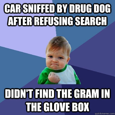 car sniffed by drug dog after refusing search didn't find the gram in the glove box  Success Kid