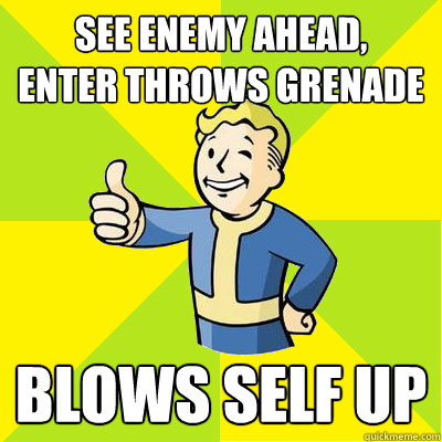 see enemy ahead,       Enter Throws grenade  Blows self up  Fallout new vegas