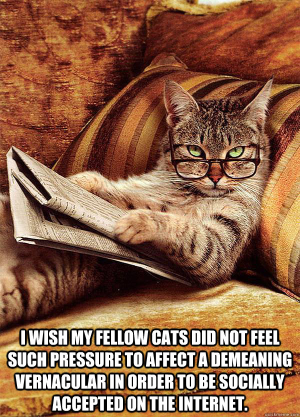   I wish my fellow cats did not feel such pressure to affect a demeaning vernacular in order to be socially accepted on the Internet. -   I wish my fellow cats did not feel such pressure to affect a demeaning vernacular in order to be socially accepted on the Internet.  Snooty Cat