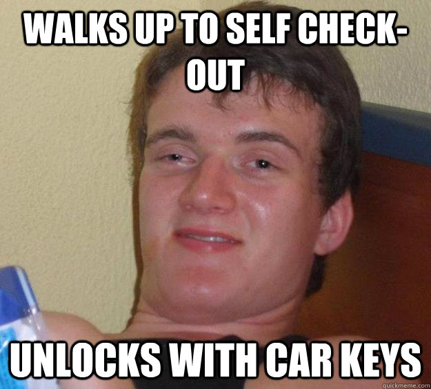 Walks up to self check-out unlocks with car keys - Walks up to self check-out unlocks with car keys  10 Guy