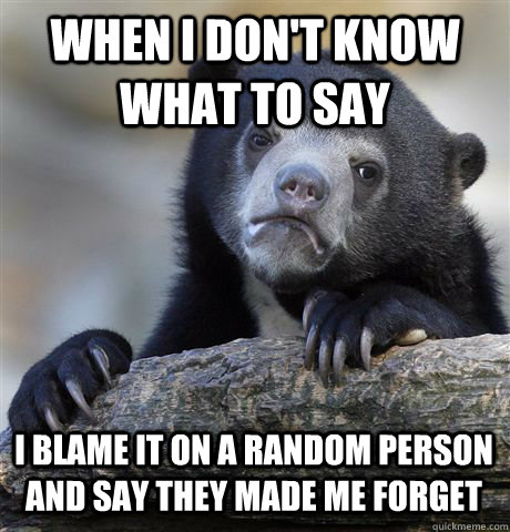 When i don't know what to say i blame it on a random person and say they made me forget - When i don't know what to say i blame it on a random person and say they made me forget  Confession Bear