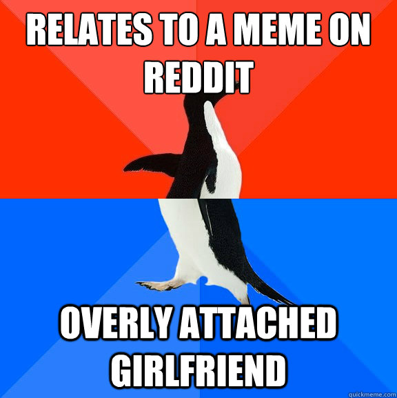 relates to a meme on reddit overly attached girlfriend  Socially Awesome Awkward Penguin