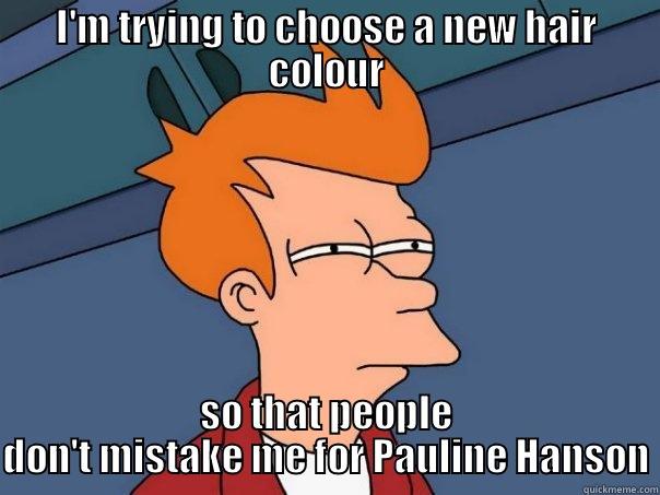 I'M TRYING TO CHOOSE A NEW HAIR COLOUR SO THAT PEOPLE DON'T MISTAKE ME FOR PAULINE HANSON Futurama Fry