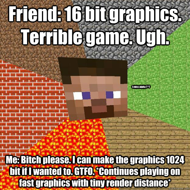 Friend: 16 bit graphics. Terrible game. Ugh. Me: Bitch please. I can make the graphics 1024 bit if I wanted to. GTFO. *Continues playing on fast graphics with tiny render distance* I miss alpha T^T  Minecraft