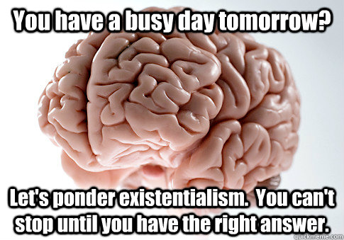 You have a busy day tomorrow? Let's ponder existentialism.  You can't stop until you have the right answer.   Scumbag Brain