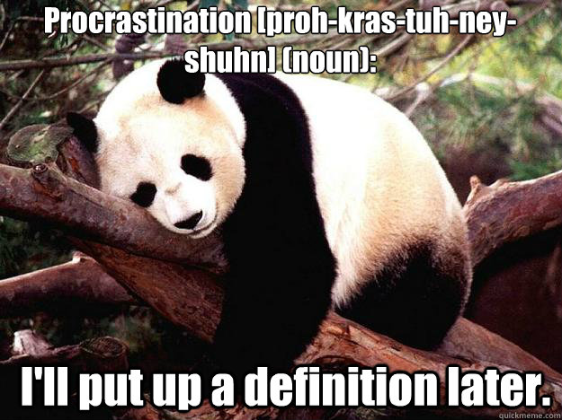 Procrastination [proh-kras-tuh-ney-shuhn] (noun):  I'll put up a definition later.  Procrastination Panda