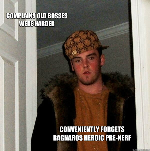 Complains old bosses were harder conveniently forgets Ragnaros heroic pre-nerf - Complains old bosses were harder conveniently forgets Ragnaros heroic pre-nerf  Scumbag Steve