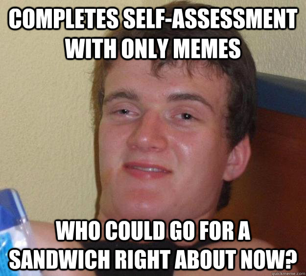 Completes self-assessment with only memes Who could go for a sandwich right about now?  10 Guy