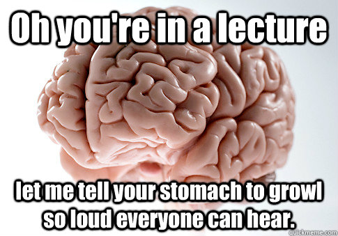 Oh you're in a lecture let me tell your stomach to growl so loud everyone can hear.   Scumbag Brain