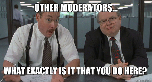 Other moderators... What exactly is it that you do here?  Office Space