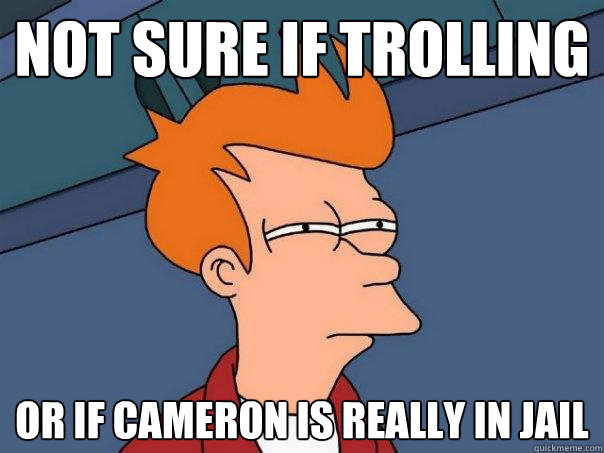 Not sure if trolling or if cameron is really in jail - Not sure if trolling or if cameron is really in jail  Futurama Fry