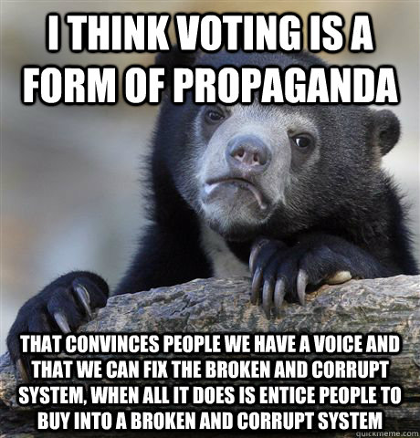 I think voting is a form of propaganda that convinces people we have a voice and that we can fix the broken and corrupt system, when all it does is entice people to buy into a broken and corrupt system  Confession Bear