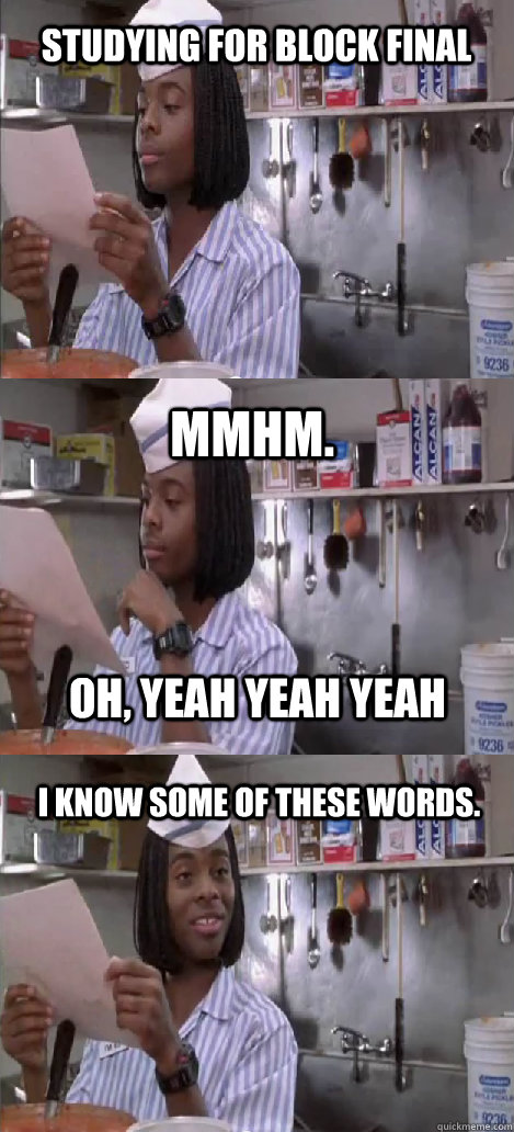 studying for block final mmhm.  I know some of these words. oh, yeah yeah yeah  Oblivious Good Burger