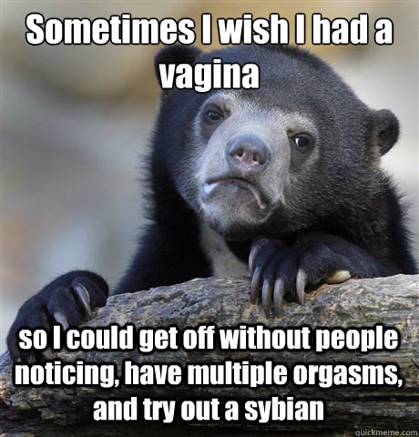 Sometimes I wish I had a vagina so I could get off without people noticing, have multiple orgasms, and try out a sybian  Confession Bear