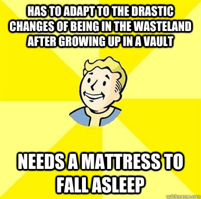 Has to adapt to the drastic changes of being in the wasteland after growing up in a vault needs a mattress to fall asleep  