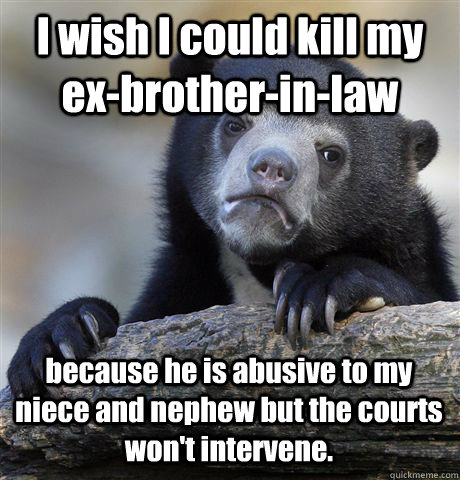 I wish I could kill my ex-brother-in-law because he is abusive to my niece and nephew but the courts won't intervene.  Confession Bear