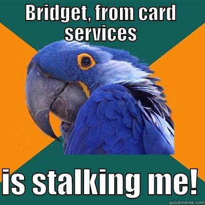 BRIDGET, FROM CARD SERVICES  IS STALKING ME! Paranoid Parrot