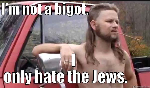 I'M NOT A BIGOT.                         I ONLY HATE THE JEWS.       Almost Politically Correct Redneck