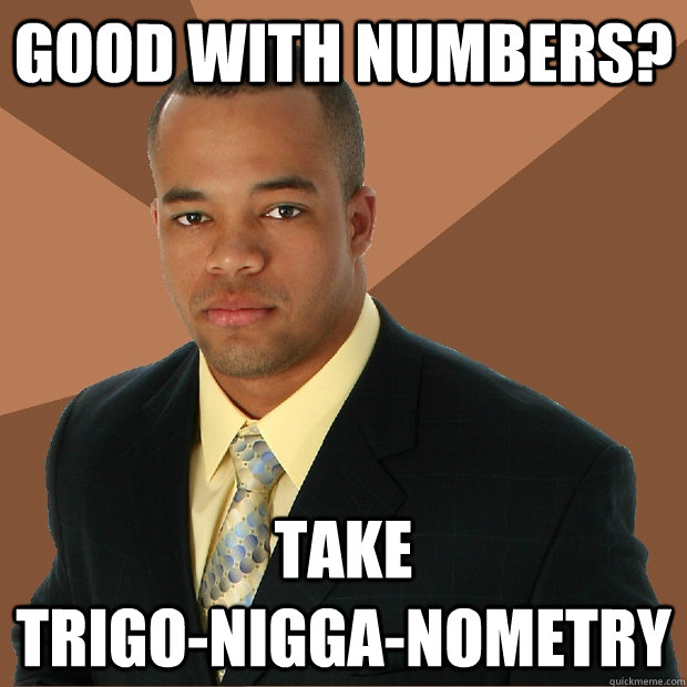 Good with numbers? Take                              Trigo-nigga-nometry  Successful Black Man