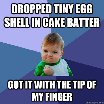 dropped tiny egg shell in cake batter got it with the tip of my finger  Success Kid