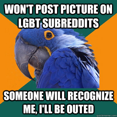 won't post picture on LGBT subreddits someone will recognize me, i'll be outed  Paranoid Parrot