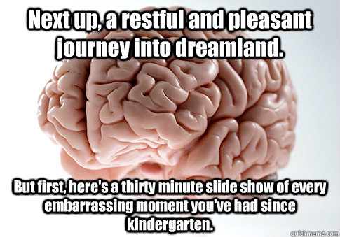 Next up, a restful and pleasant journey into dreamland. But first, here's a thirty minute slide show of every embarrassing moment you've had since kindergarten.  Scumbag Brain