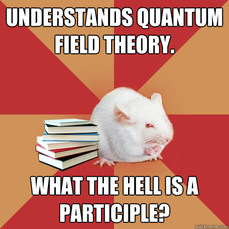 Understands Quantum field Theory. What the hell is a participle?  Science Major Mouse