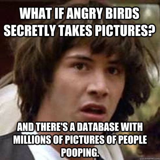 What if Angry Birds secretly takes pictures? And there's a database with millions of pictures of people pooping.  conspiracy keanu