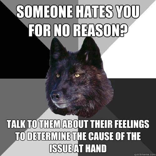 Someone hates you for no reason? Talk to them about their feelings to determine the cause of the issue at hand  Sanity Wolf